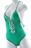 Emerald Triangle Top and Low Rise Bottom Rhinestone Detail Monokini Swimsuit