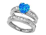 3.50 cttw Sterling Silver 14k White Gold Plated Lab Created Heart Shape Blue Opal Wedding Set