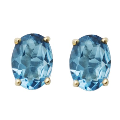 14k Yellow Gold 7x5mm Oval Blue Topaz Stud Earrings