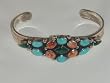 Native American Turquoise Coral and Malachite Sterling Silver Bracelet - BR-0032