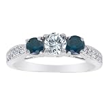 Sterling Silver 3 Stone Diamond and Blue Diamond Accented Engagement Ring With Milgrain Pave Set Shank (1 cttw)
