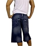 Enyce Mens Blue Jean Shorts. 100% heavy weight machine washable cotton. Top quality embroidered design throughout. Excellent attention to all important details: rivets, stitching and fabric design. The latest in unique hip hop and street wear.