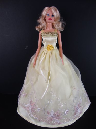 Yellow Ball Gown with Flower Details on the Lace Made for the Barbie Doll