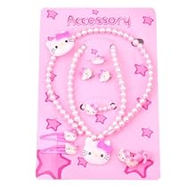 Children's Kitty Beaded Jewelry Set, Necklace, Bracelet, Ring, Earrings, Headband, Hair Bands, Hair Clips - Pink