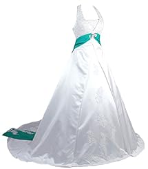 Halter Colorblocking Lace-Up Beaded Backless Sequined Applique Satin Wedding Dress  with a Chapel Train 