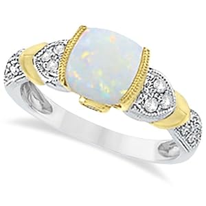 Diamond, Australian Opal, and Tanzanite Cushion Cocktail Ring For Women 14k Two-Tone Gold (1.10ct)
