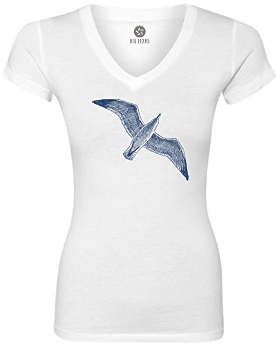 Soaring Seagull (Blue) Women's Short-Sleeve V-Neck T-Shirt, White, M