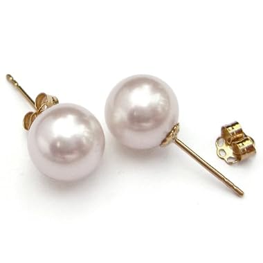 HinsonGayle Premium Round 8.5-9.0mm White Cultured Pearl Stud Earrings (14K Yellow Gold)