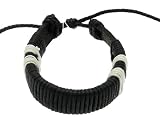 Neptune Giftware Mens Black Leather Surf Wristband Bracelet Wrapped in Black & White Coloured Cord - 68