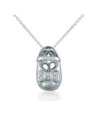 Bling Jewelry Mary Jane Baby Shoe Charm CZ Bow Pendant Necklace 925 Silver 16in