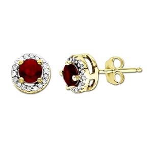 10k Yellow Gold Round Ruby Diamond-Framed Stud Earrings