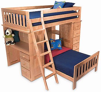 Kid child birch solid wood twin over twin loft bunk bed with student study computer desk