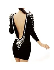 Sexy Long Sleeves  Beaded Backless Mini Dress  With Pearls