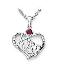 Ze Sterling Silver Ruby/Diamond "Kiss" Heart Necklace. 18"