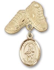 14K Gold Baby Badge with St. Jane of Valois Charm and Baby Boots Pin