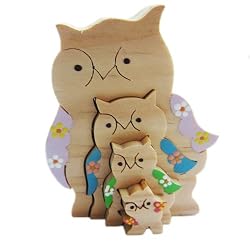 Handmade Artisan Organic Wood Decorative Puzzle - Owl Family I (Hand-painted)