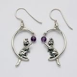 Playing Cat with Amethyst Bead Earrings