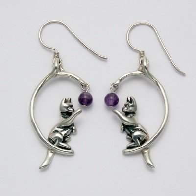 Playing Cat with Amethyst Bead Earrings