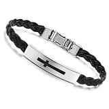 Black or Brown Braided Leather Bracelet for Women or Men Cross Motif on Stainless Steel Plate 8.5mm Wide