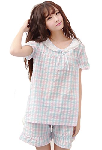 (レモンツリーセブン)Lemon tree7 レディース パジャマ ルームウェア チェック柄 半袖 レース 部屋着 フレア カワイイ 可愛い 寝巻き 上下セット