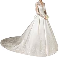 V-neck Natural   Waistline Satin Long Sleeves Lace   Ball Gown Wedding Dress 