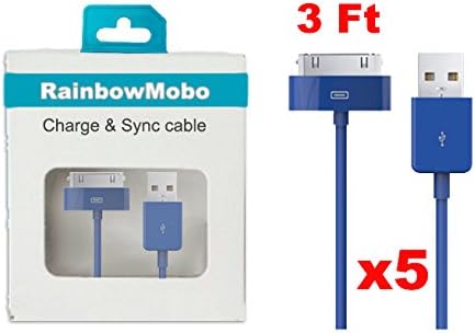 RainbowMOBO 5 Pack [3 Feet] 30-Pin to USB 2.0 Data & Sync Charging Cable Cords for iPhone 4/4S, iPad 2 3, iPod (5 Pack Blue)