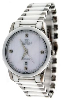 Oniss #ON606-M Men's Paley Faceted Crystal White Ceramic Watch with Silver Trim