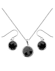 .925 Sterling Silver CZ Checker Cut Hanging Earrings and Matching Pendant-Necklace Set with 1.2mm Cable Rolo Chain - 16"+2" Inches Extension