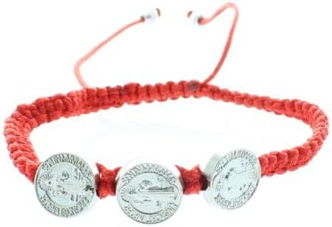 Men or Women's Catholic &amp; Religious Red St. Benedict Medal Adjustable Cord Bracelet with 3 Medals. Catholic Saint Benedict Patron Saint of Kidney Disease, Poison Sufferers, Students, Poisoning, School Children, Homeless, Monks.