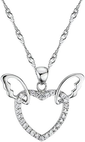 Valoven White Crystal Heart with Angel Wing Pendant Necklace