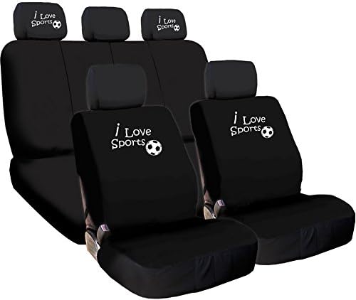 NEW Design I love Sports Logo Front and Rear Car Seat Covers Support 50/50, 60/40 Rear Split Seat Black Color (Soccer)