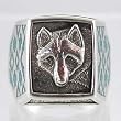Southwestern Style Square Wolf Ring in Sterling Silver with Turquoise Inlay for Men or Women, Sizes 9, 10, 11, 12, 13, 14, and 15, #9658