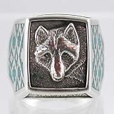Square Sterling Silver Wolf Ring with Turquoise Inlay, #9658