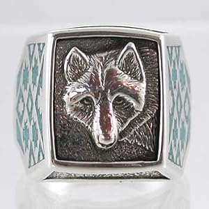 Southwestern Style Square Wolf Ring in Sterling Silver with Turquoise Native American Rug Pattern Inlay for Men, Sizes 8, 9, 10, 11, 12, 13, 14, and 15, #9658