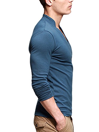 Mens T-Shirts Long Sleeves Cotton Slim V-Neck Undershirt Blue US Size S