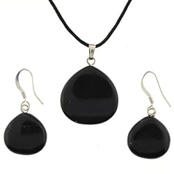 Black Jasper Briolette Shaped Pendant and Earrings Set - Pendant - 20x22mm, Earrings - 15x16mm - Adjustable Cord Necklace
