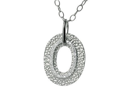 14K White Gold Hammered-Finish Sliding Oval-Shaped Pendant, Enhanced with Pave Set Diamonds, Set on a 16 Open-Link Necklace.