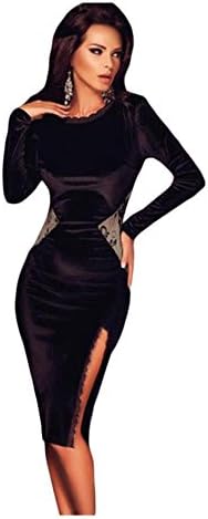 Women Autumn Winter Black Velvet Long Full Sleeve the back Bodycon Dresses Size:L
