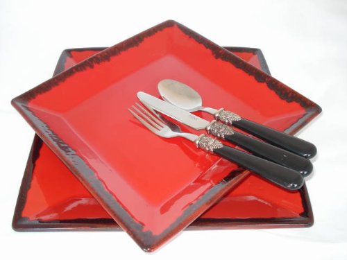Red Square Plate Set with Black Rim