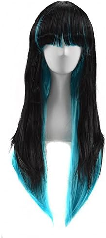 70cm 4 Colors Mixed Color Long Straight Women's Wigs with Bangs (Black and Blue)