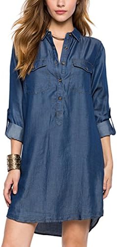 Createearth Womens Casual Summer Loose Button Down Denim Shirt Dress