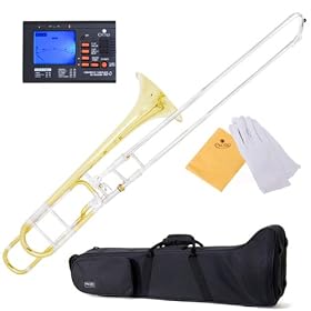 Mendini MTB-31 Intermediate B Flat w/ F Trigger Trombone + Case, Chromatic Tuner w/ Metronome, Cleaning Cloth, Slide Grease, & a Pair of Gloves