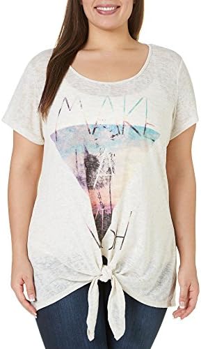 Bobeau Plus Make A Wish Screen Print Tie Front Top 2X Bone white