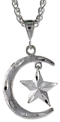 Sterling Silver Diamond Cut Crescent Moon and Star Pendant
