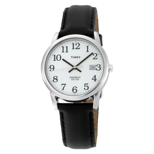 Timex Men's T2H281 Easy Reader Black Leather Strap Silver-Tone Case Watch