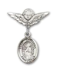 Sterling Silver Baby Badge with St. Christina the Astonishing Charm and Angel with Wings Badge Pin
