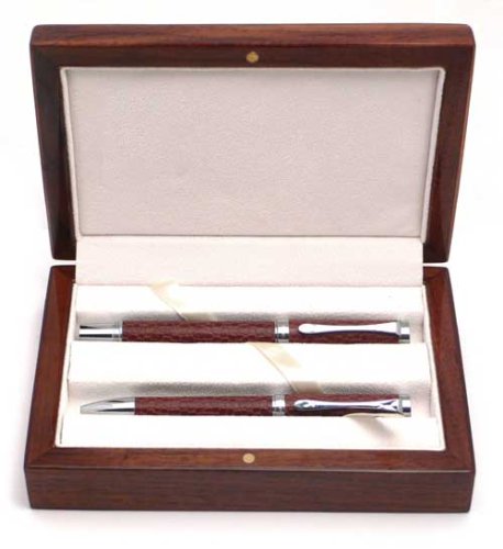 Brown leather fountain and ballpoint pen set in luxury wooden gift box by coles deluxe