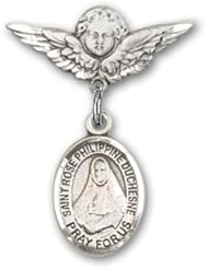 Sterling Silver Baby Badge with St. Rose Philippine Charm and Angel with Wings Badge Pin