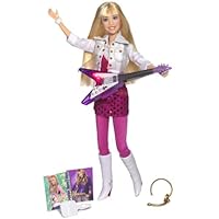 Hannah in hot pink dress with white gold glitter jacket and purple guitar