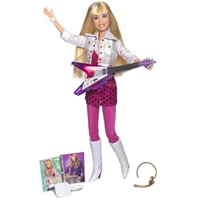 Hannah in hot pink dress with white gold glitter jacket and purple guitar by Hannah Montana